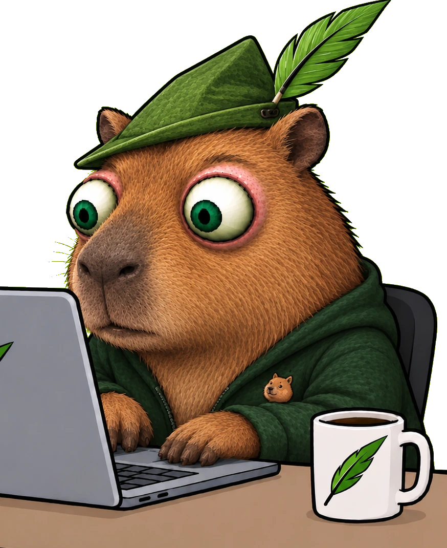 Hentbara at the desk in the hat with the feather, entirely at peace